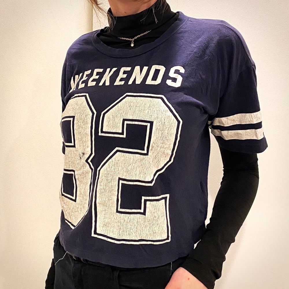 Blue “weekends 82” crop top